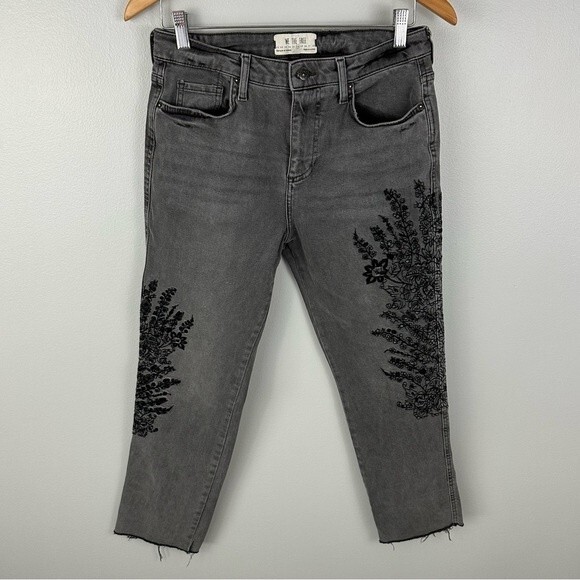 We The Free For Free People Grey Floral Embroidered Girlfriend Jeans Size 28 - Picture 4 of 16
